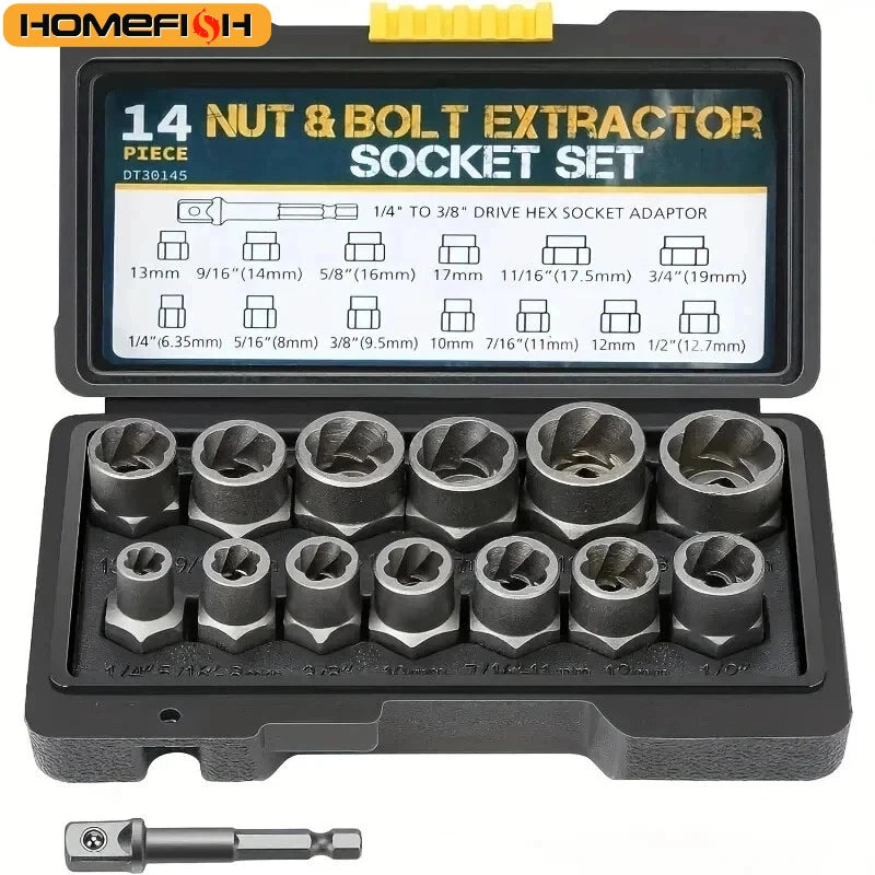 14 Pieces Impact Bolt & Nut Remover Set Cr-Mo Steel Bolt Extractor Tool Set with Solid Storage Case for Industrial Drop Shipping