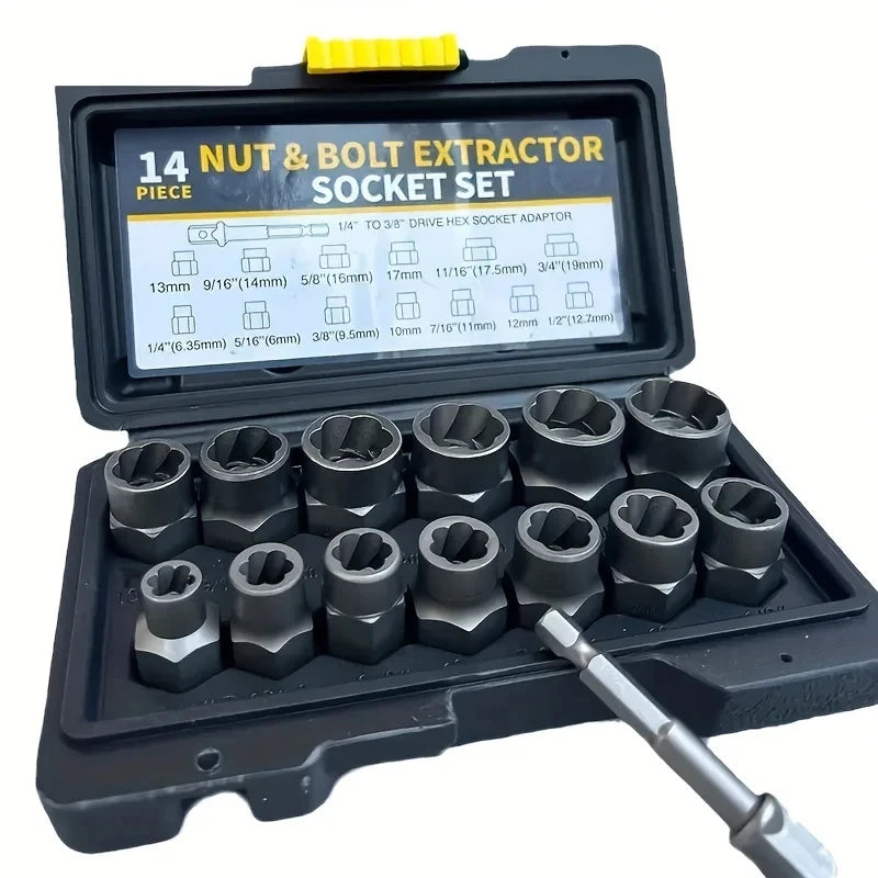14 Pieces Impact Bolt & Nut Remover Set Cr-Mo Steel Bolt Extractor Tool Set with Solid Storage Case for Industrial Drop Shipping
