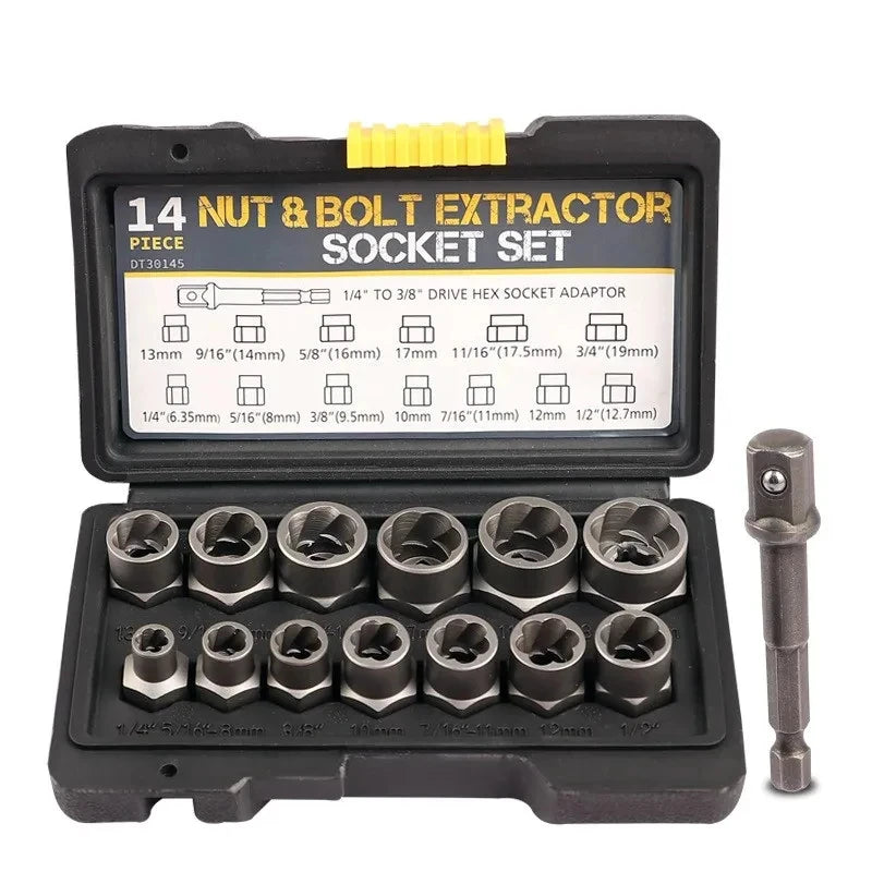 14 Pieces Impact Bolt & Nut Remover Set Cr-Mo Steel Bolt Extractor Tool Set with Solid Storage Case for Industrial Drop Shipping