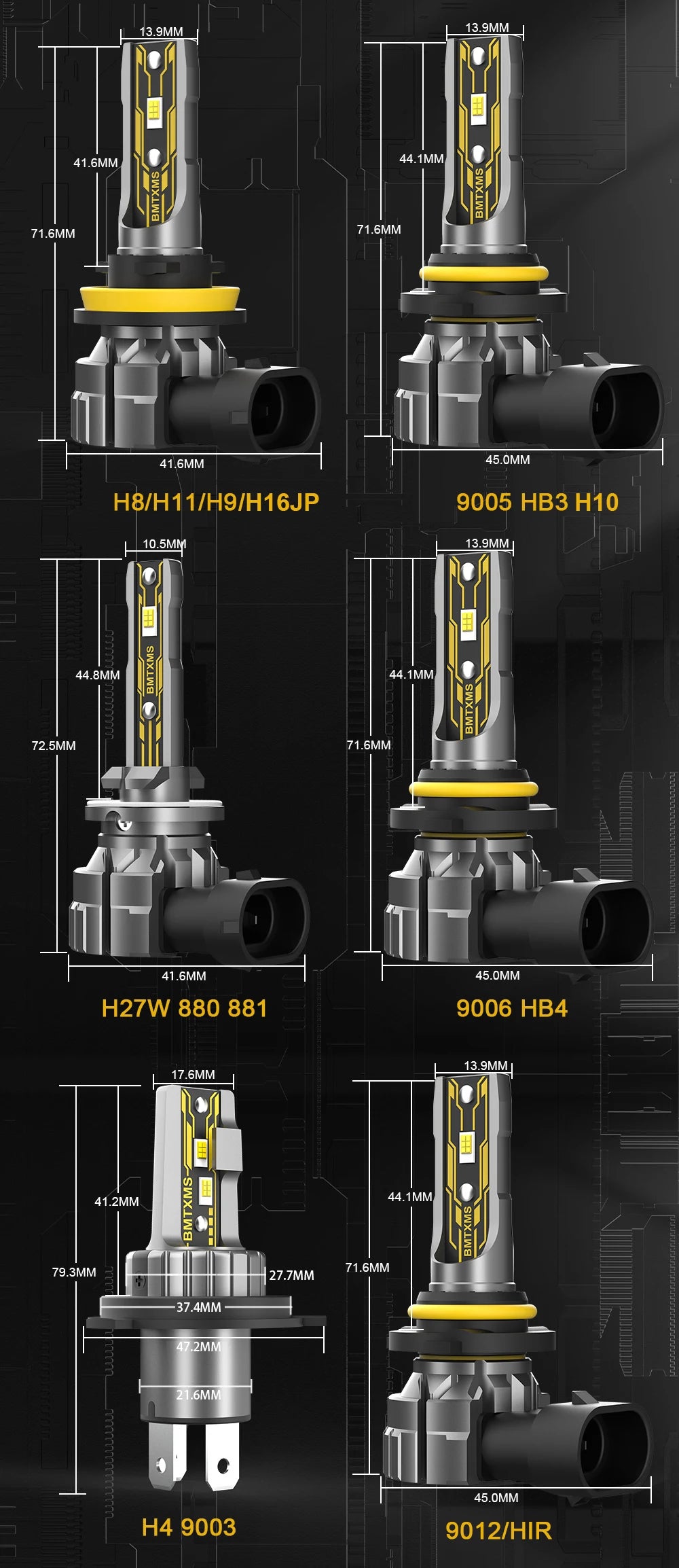 BMTxms 2PCS H4 LED Hi/Lo Headlight 12000LM H8 H11 H16JP H10 HB3 9005 HB4 9006 H27 H27W 881 880 Led Fog DRL Lights CSP Chips Bulb